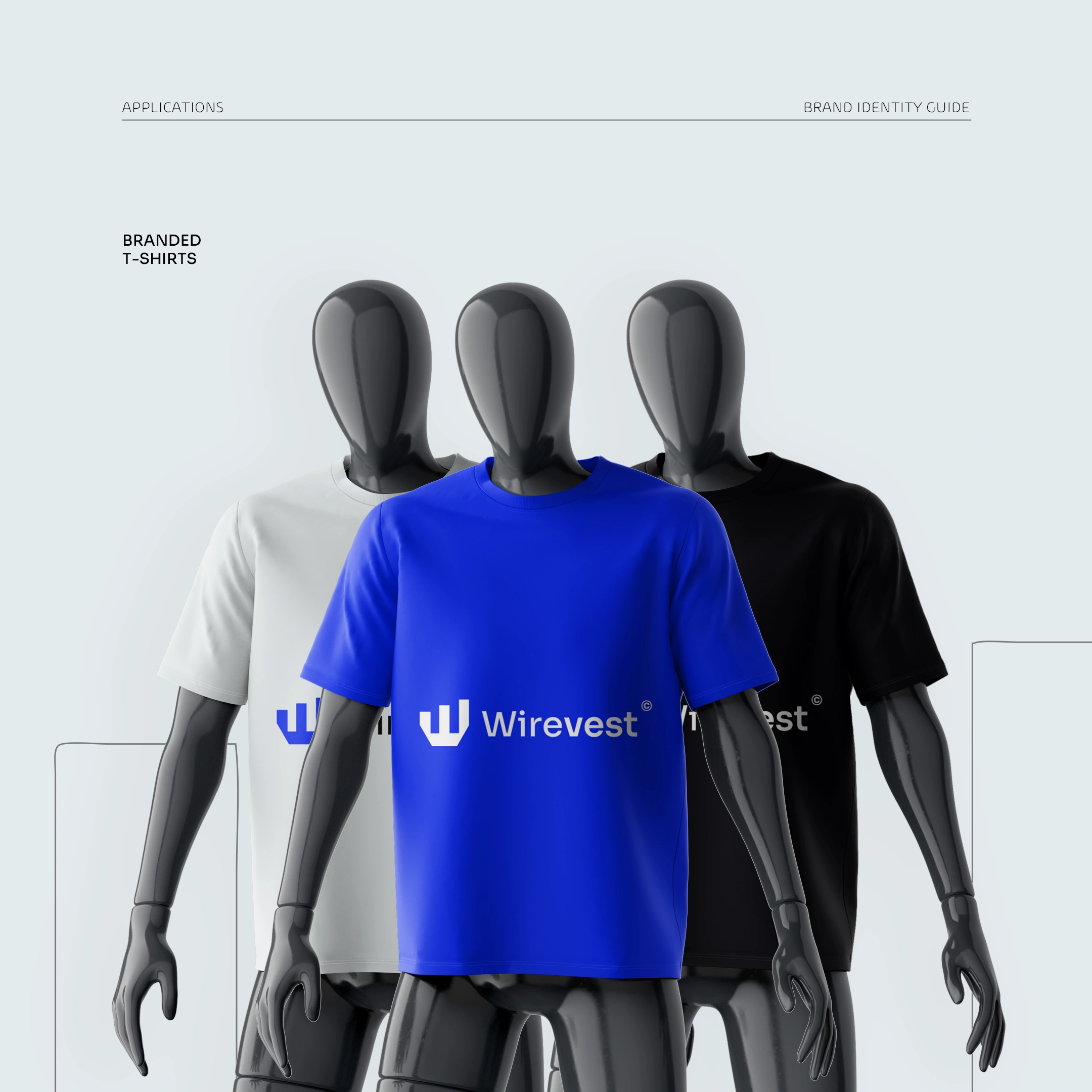 Wirevest brand identity applied across blue, black and white T-shirts