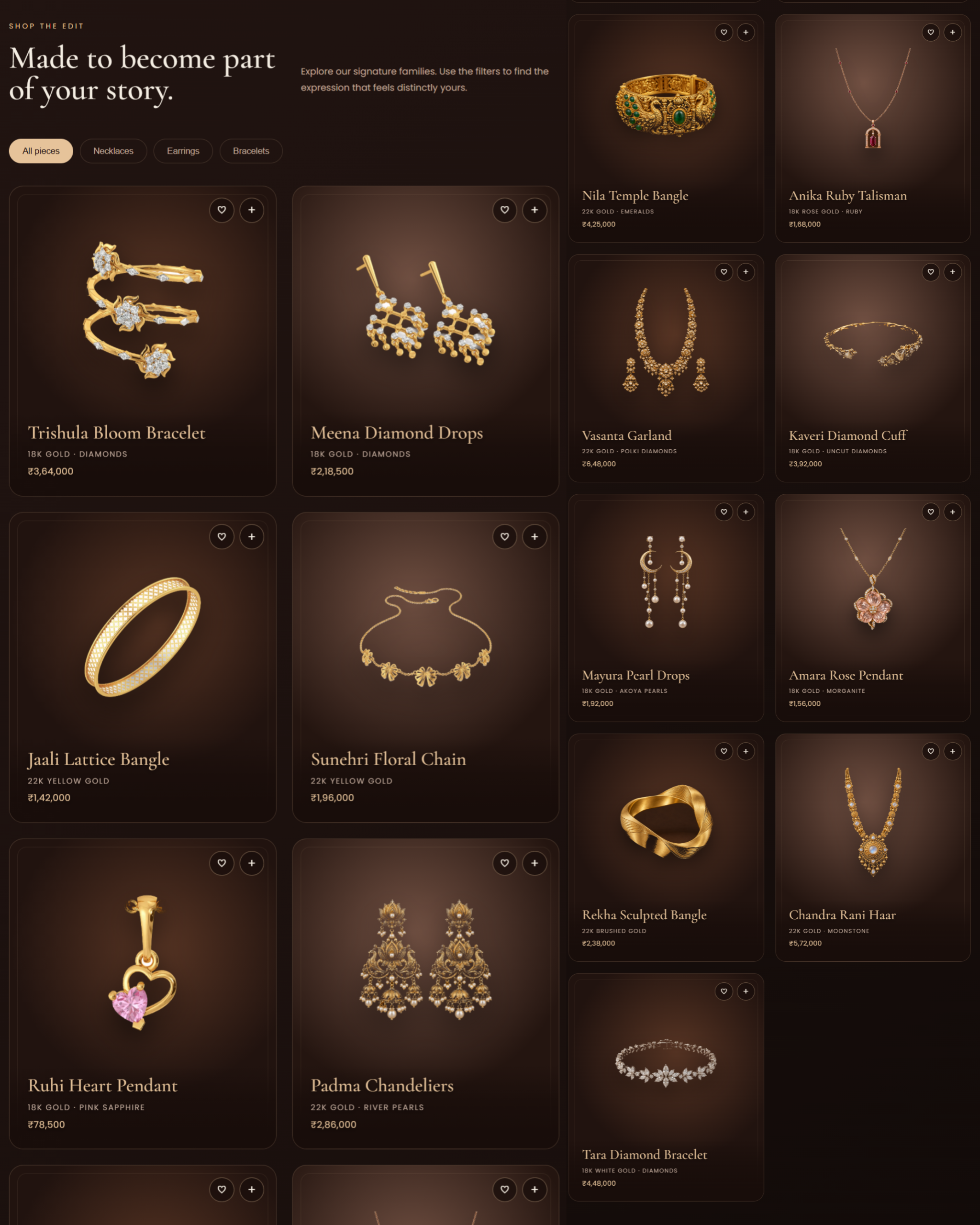 AVIENNA interactive jewellery product showcase with selectable heirloom-inspired pieces and details