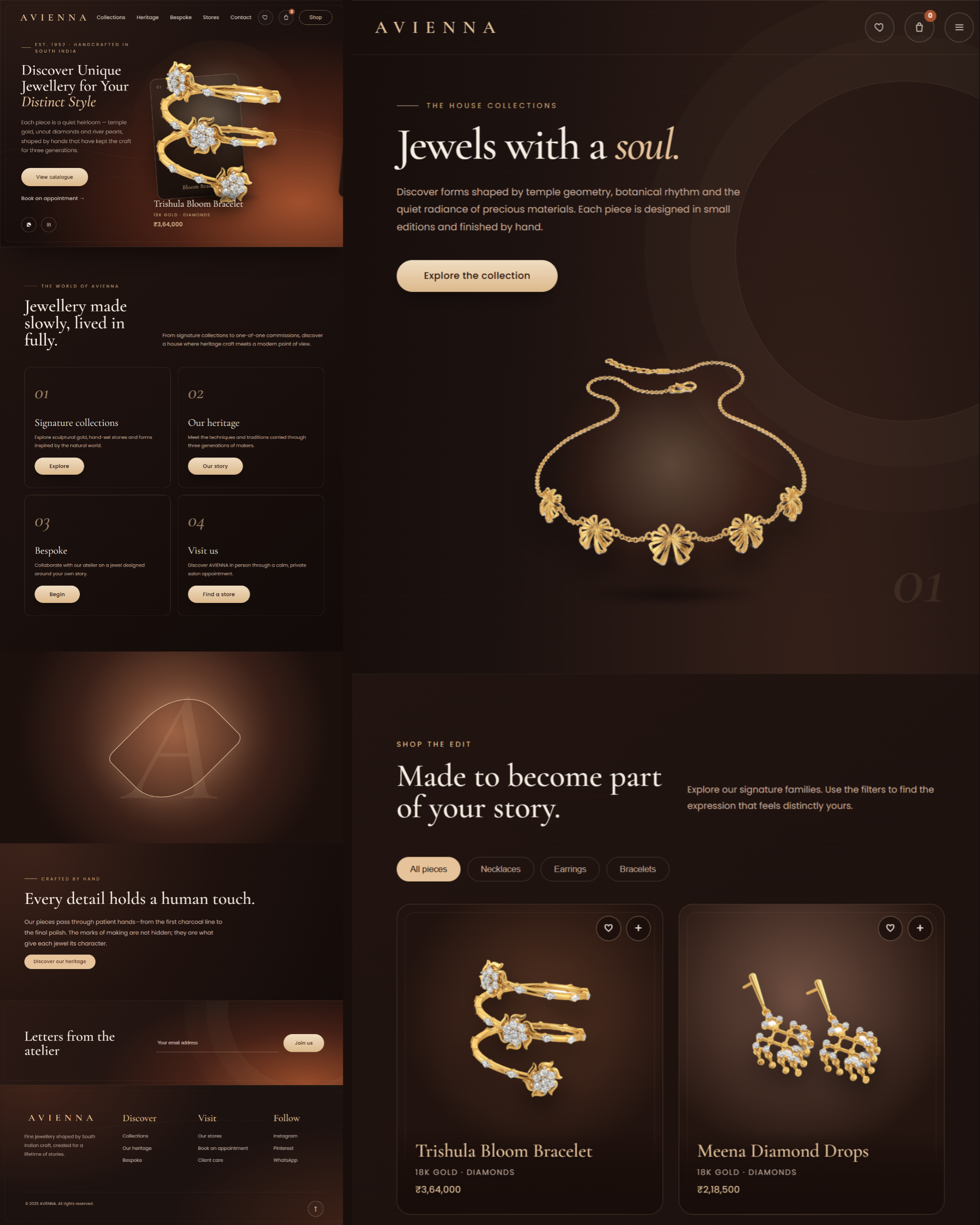AVIENNA fine jewellery website homepage with gold bracelet showcase and collection catalogue