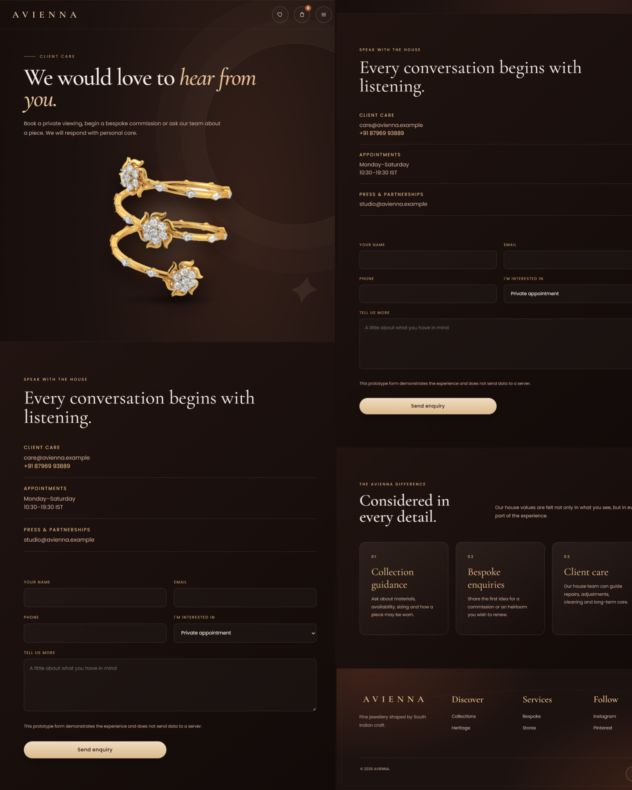 AVIENNA jewellery website private viewing and bespoke commission enquiry page