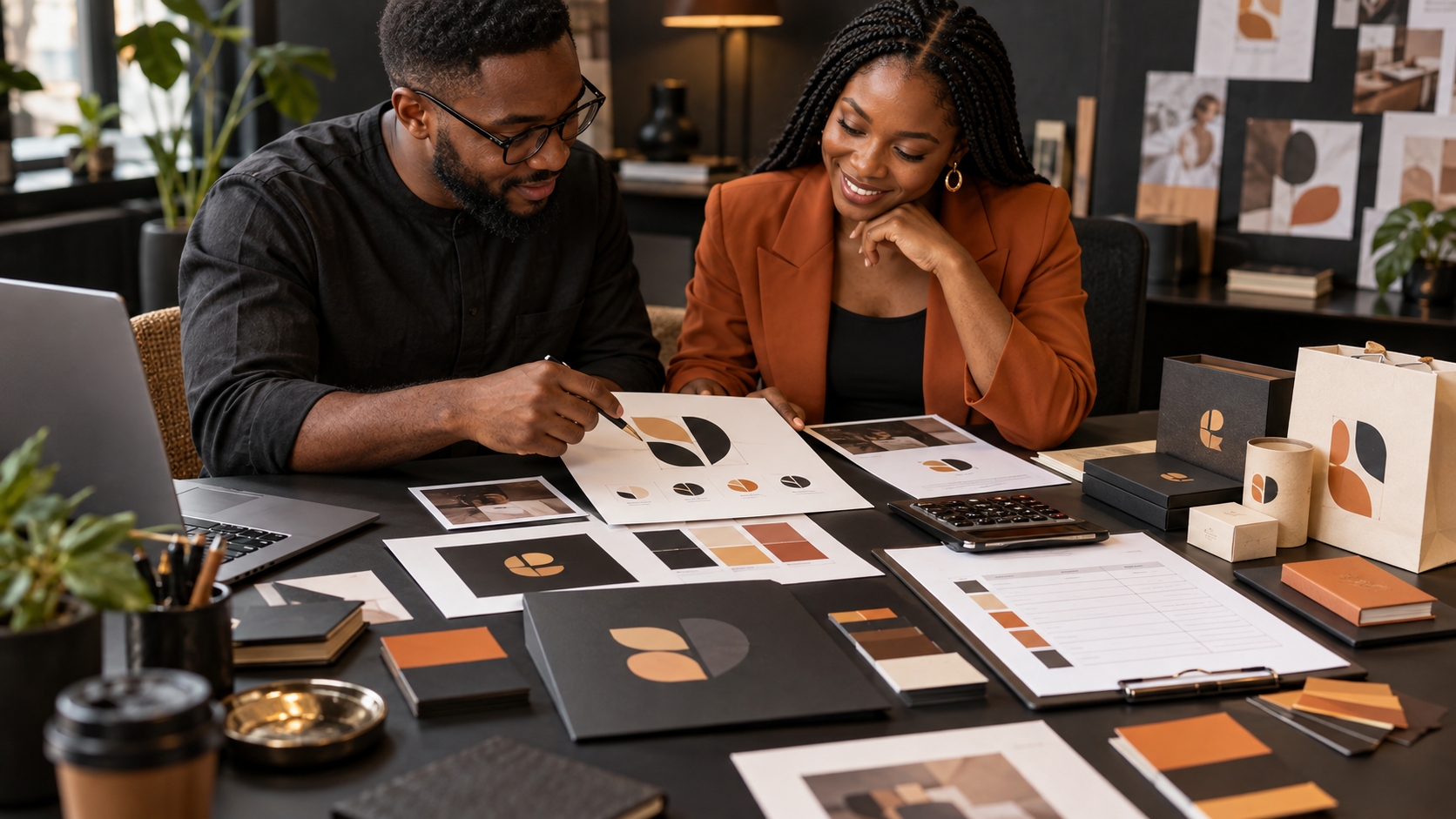 Nigerian business owner and creative director reviewing logo concepts, colour palettes, packaging and a branding estimate