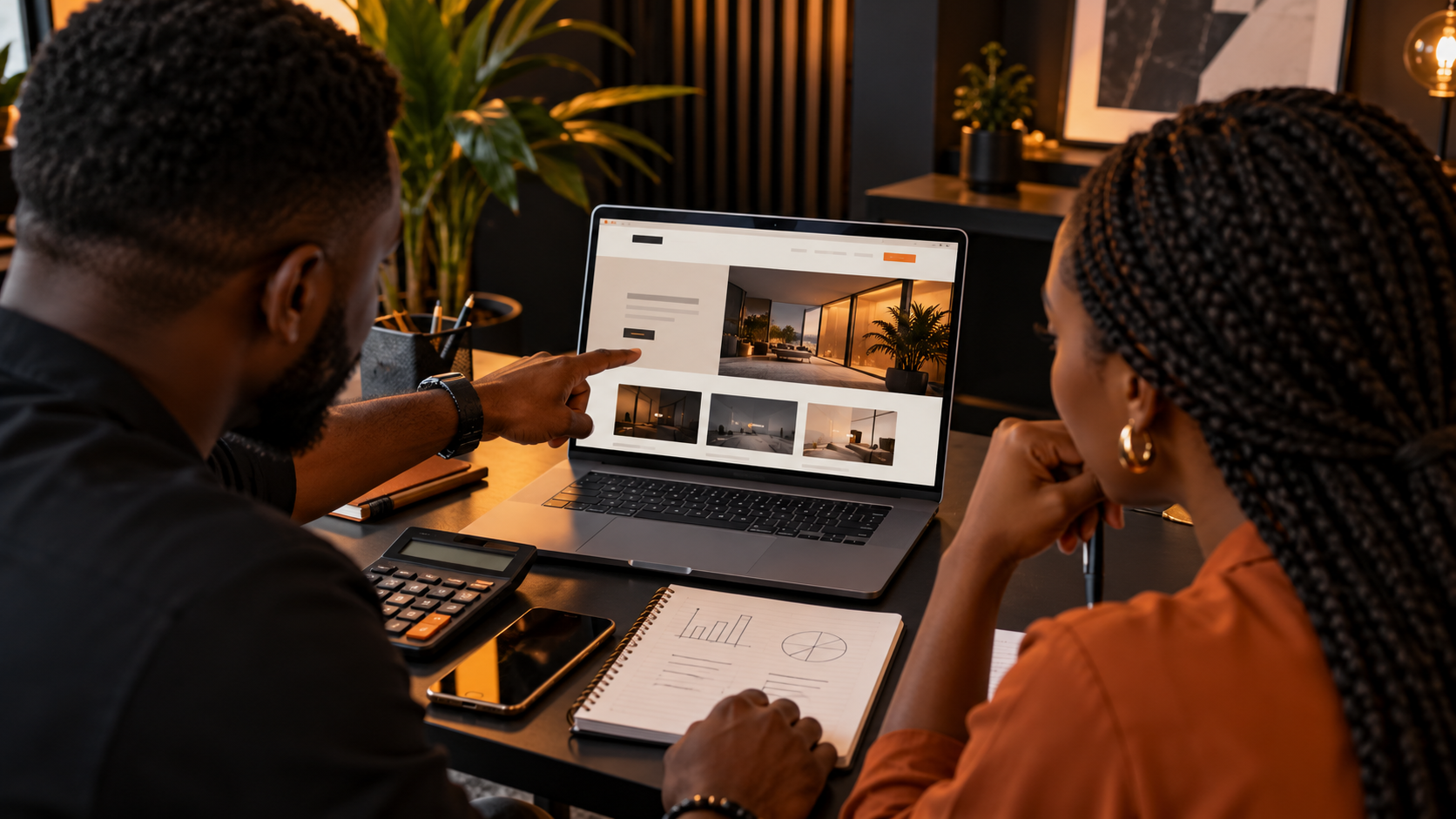 Nigerian business owner and web designer reviewing a website prototype, project budget and performance notes