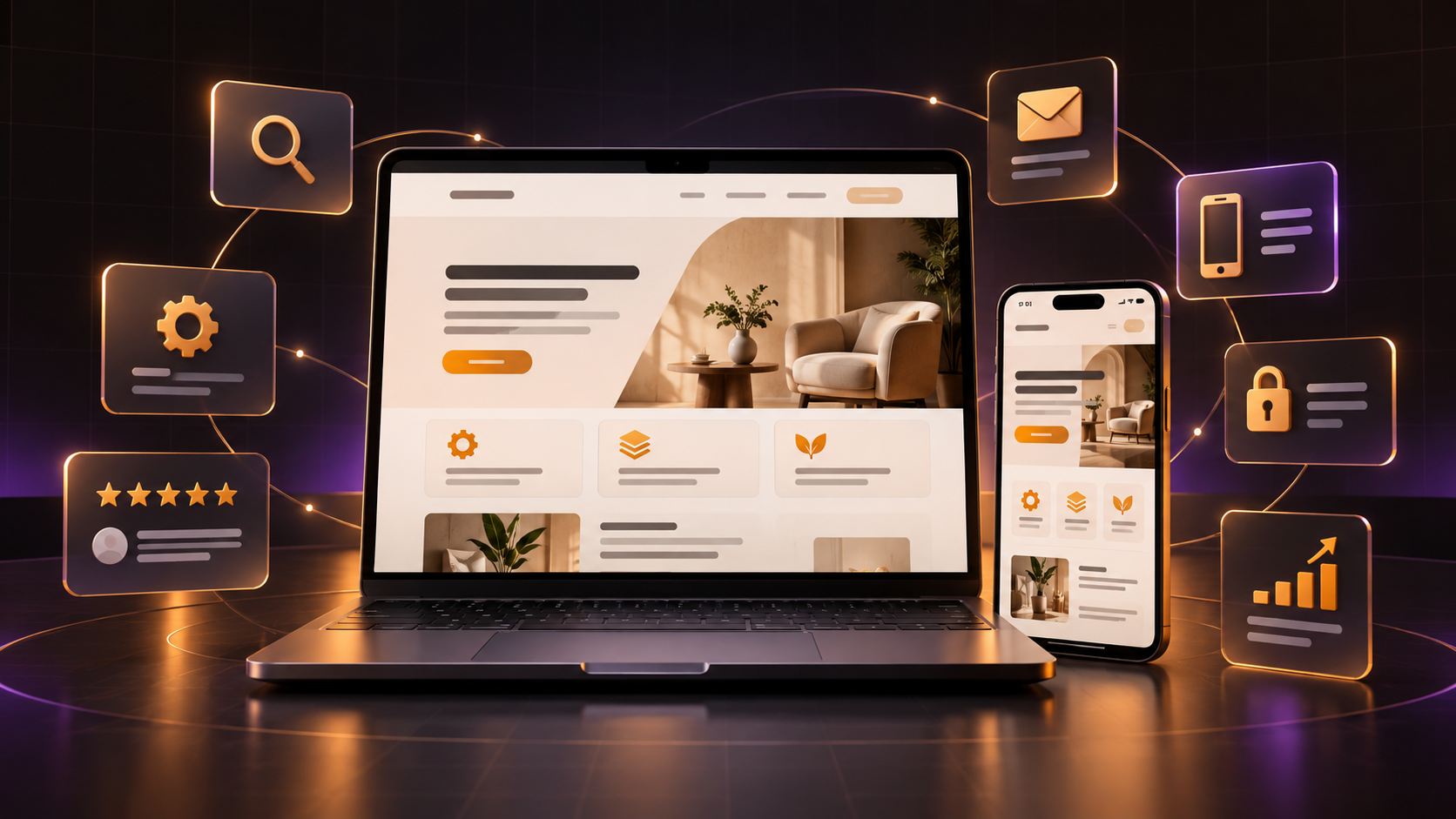 A responsive small-business website displayed on a laptop and smartphone with trust, search, contact and analytics symbols