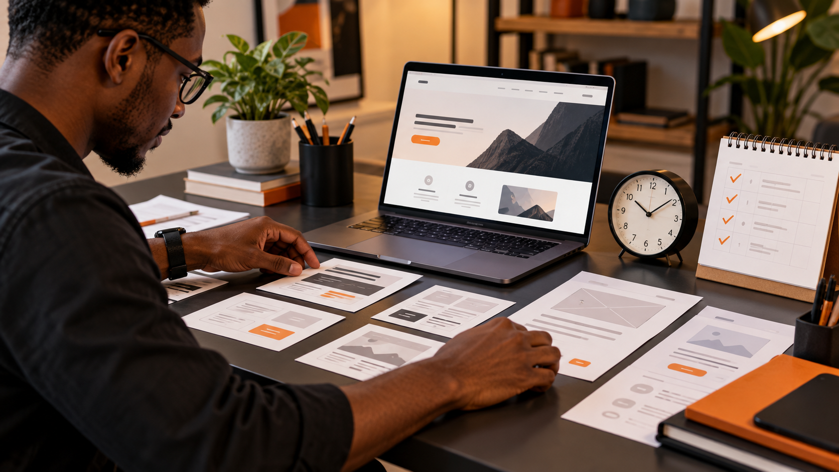 Nigerian web designer organising page wireframes beside a laptop, project checklist and clock