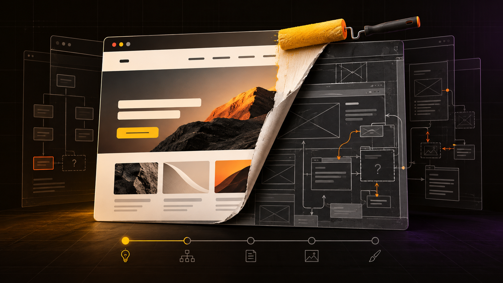 A polished website surface peeling back to reveal unfinished structure and planning beneath