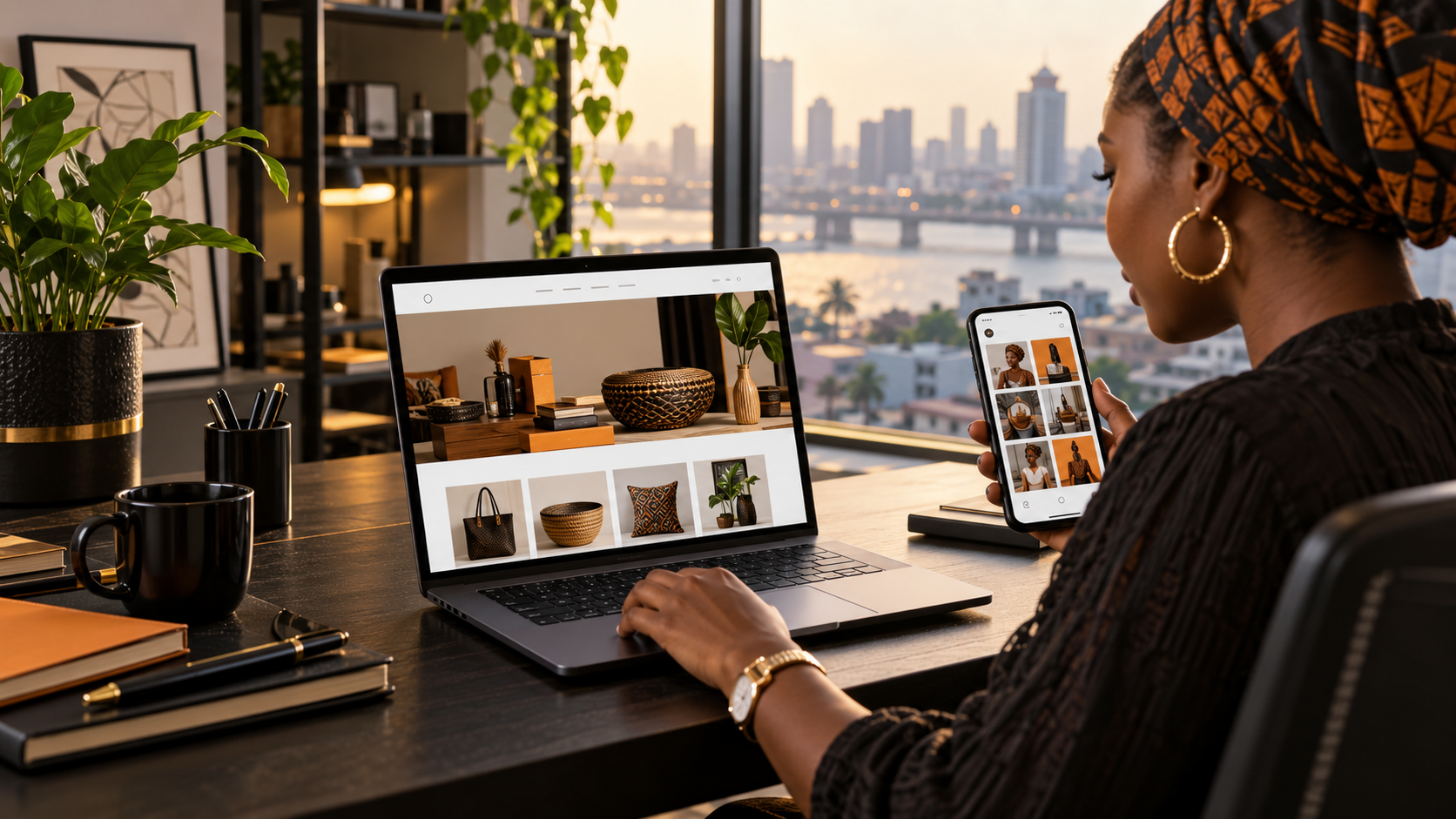 Nigerian business owner comparing her ecommerce website on a laptop with her social media content on a phone