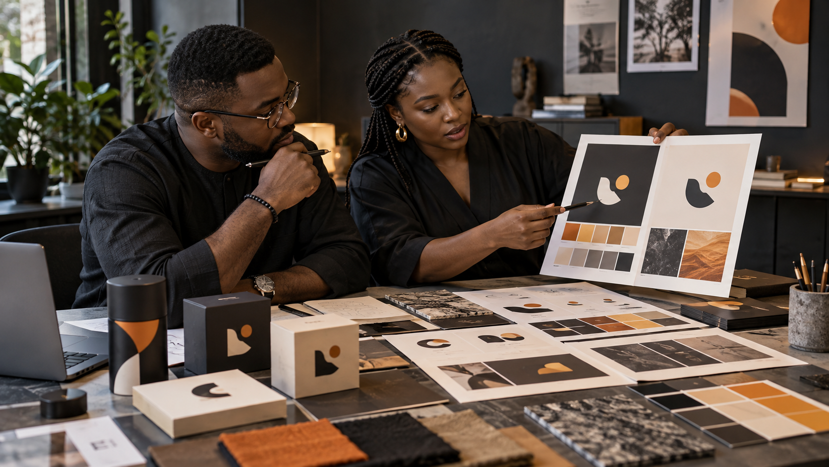 Nigerian business owner and brand strategist reviewing logo directions, colour palettes and identity applications