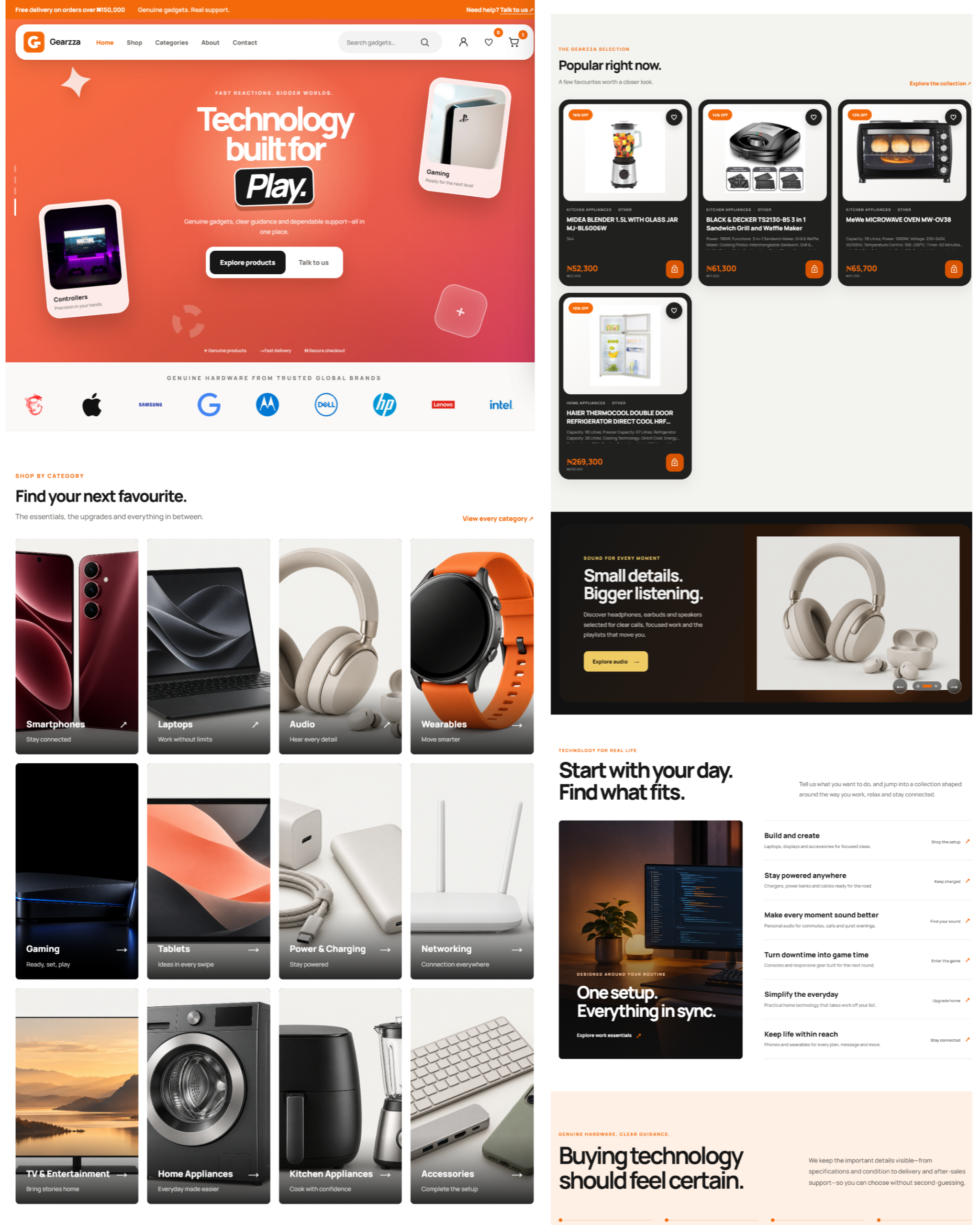 Gearzza technology ecommerce homepage with product categories and featured electronics