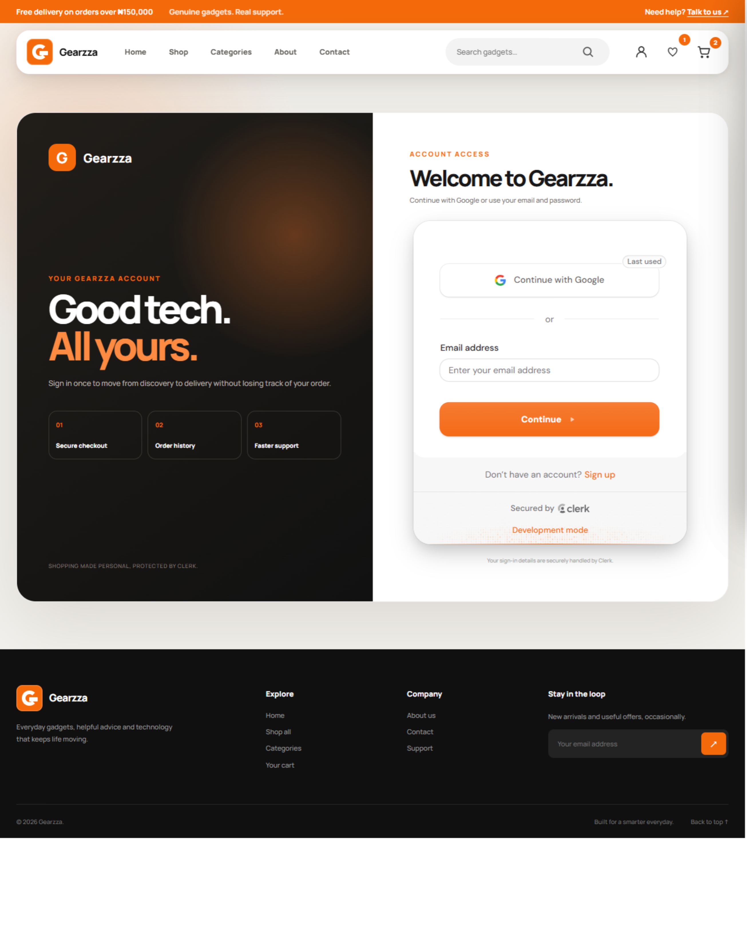 Gearzza customer account, favourites and responsive shopping interface