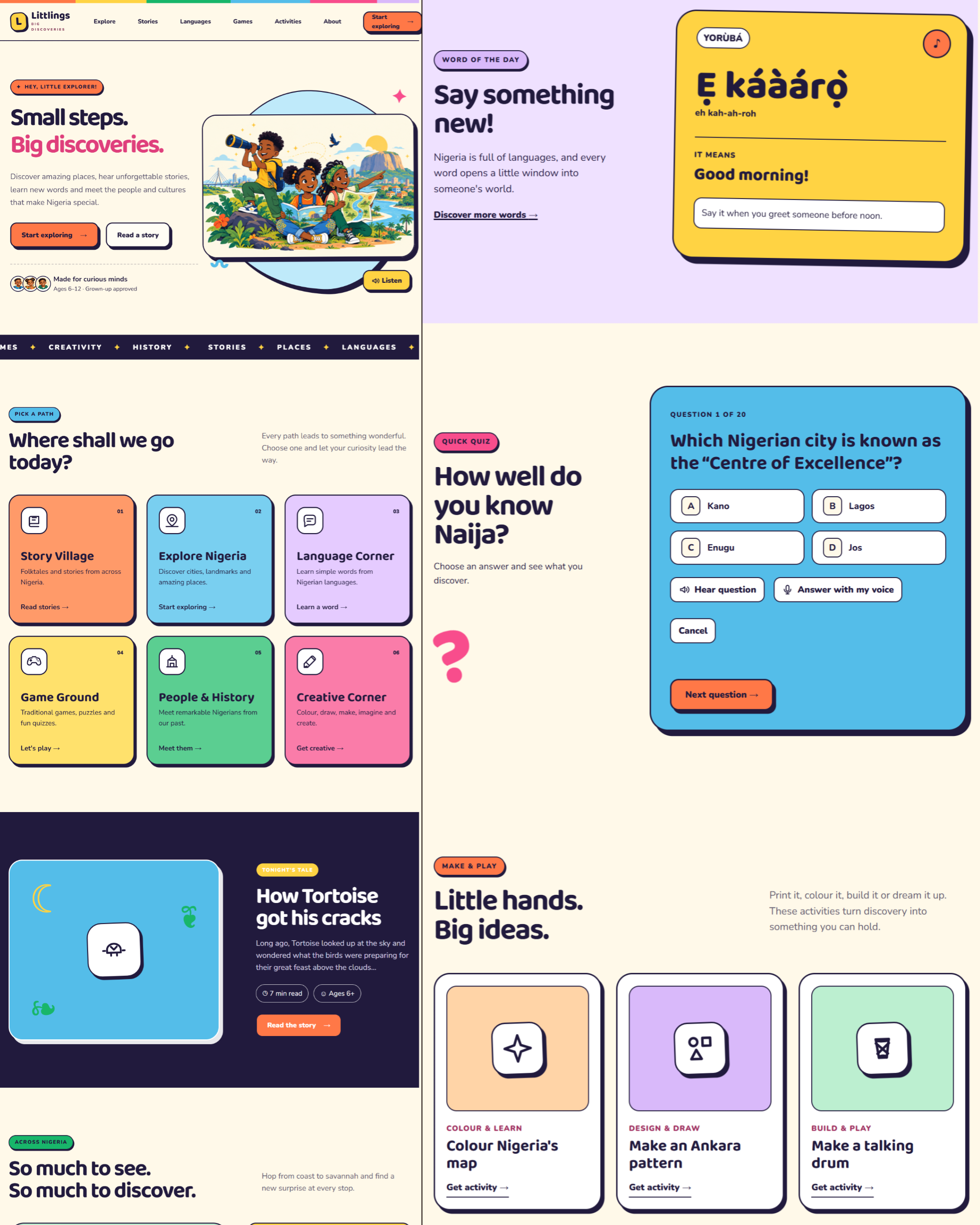 Littlings children's learning website homepage exploring Nigerian stories, languages and culture