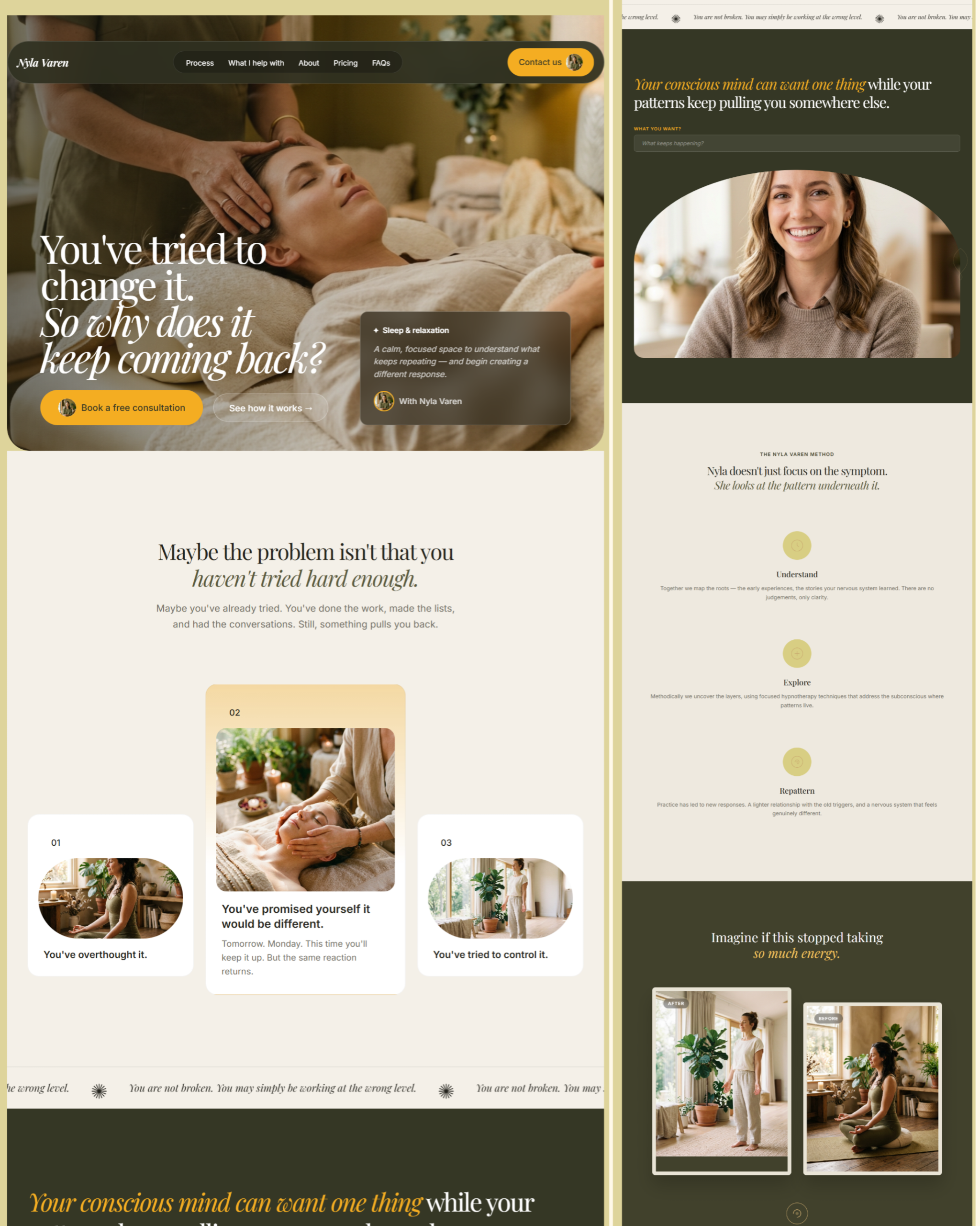 Nyla Varen hypnotherapy website homepage and three-part pattern work method