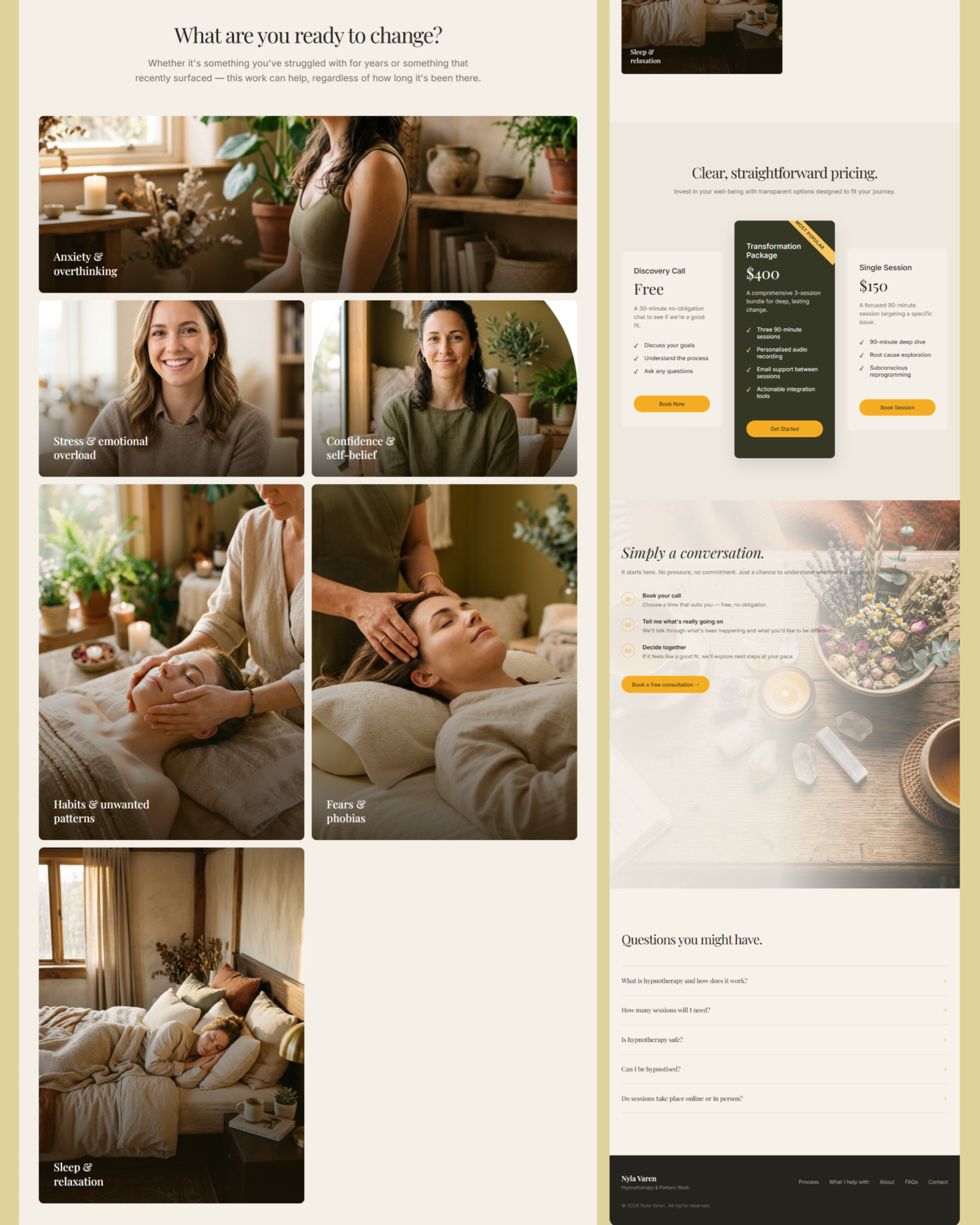 Nyla Varen website showing hypnotherapy support areas, session pricing, consultation steps and FAQs