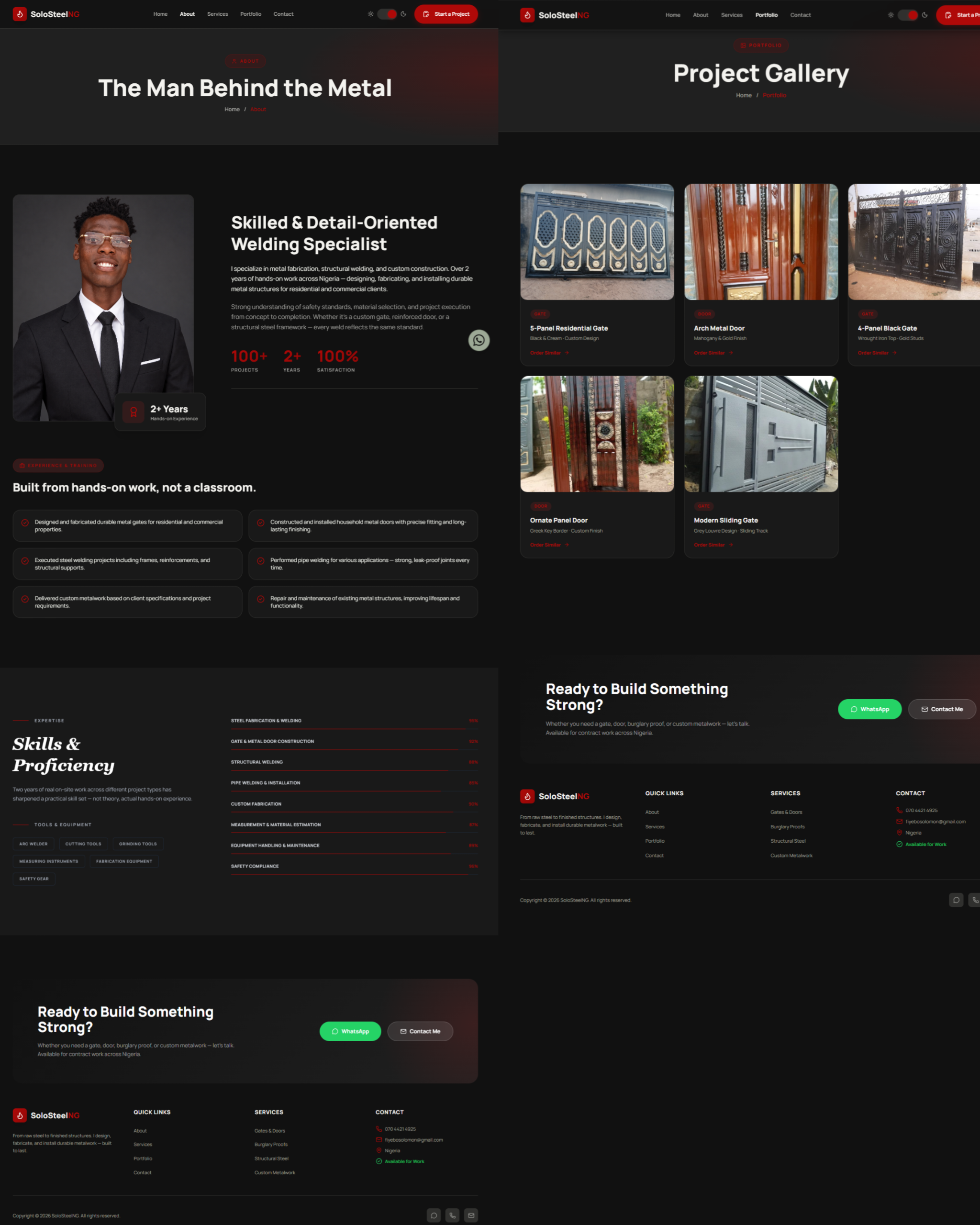 SoloSteelNG website About page and portfolio of custom gates and fabricated metal doors