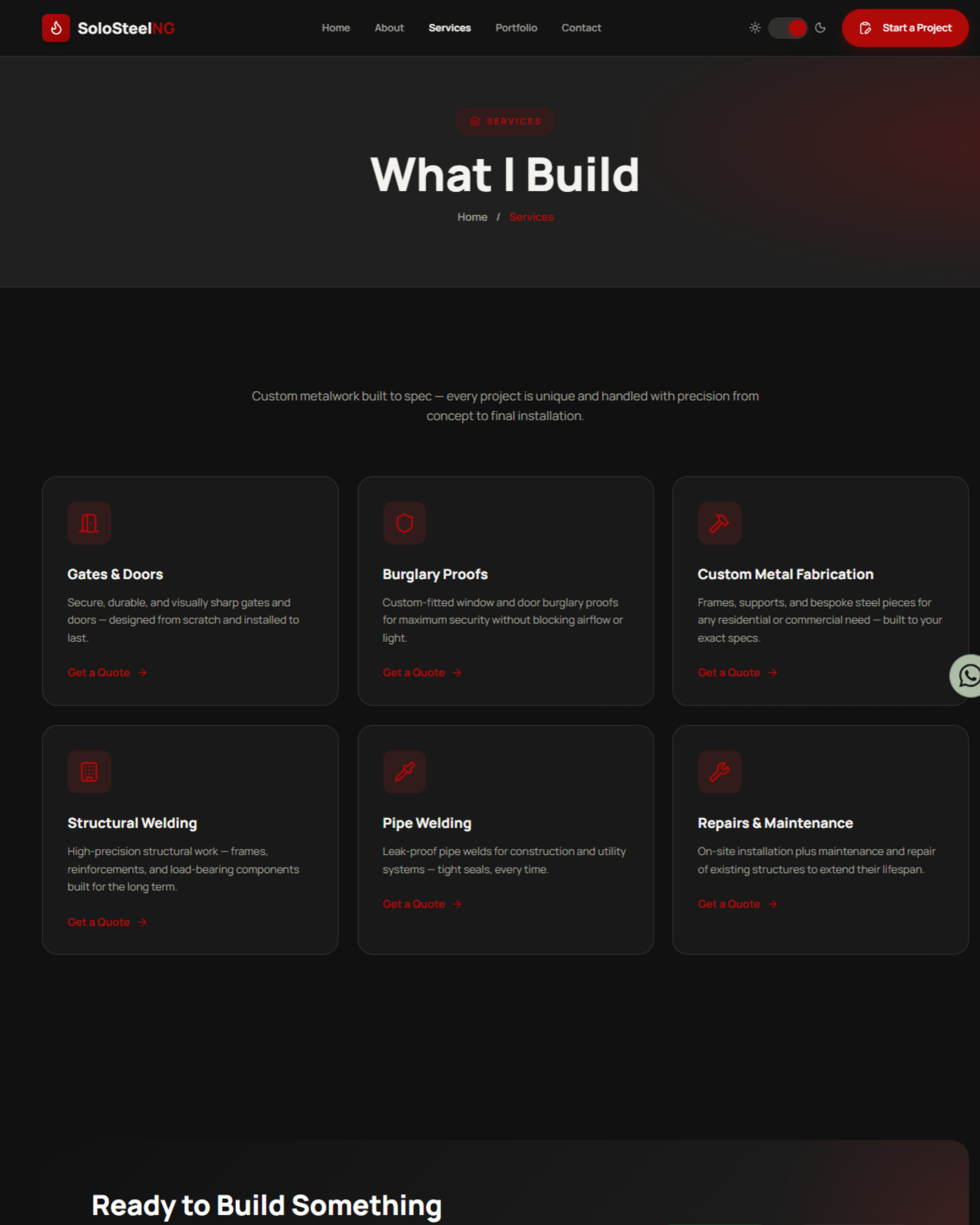 SoloSteelNG responsive web design showing welding, burglary proof and custom fabrication services