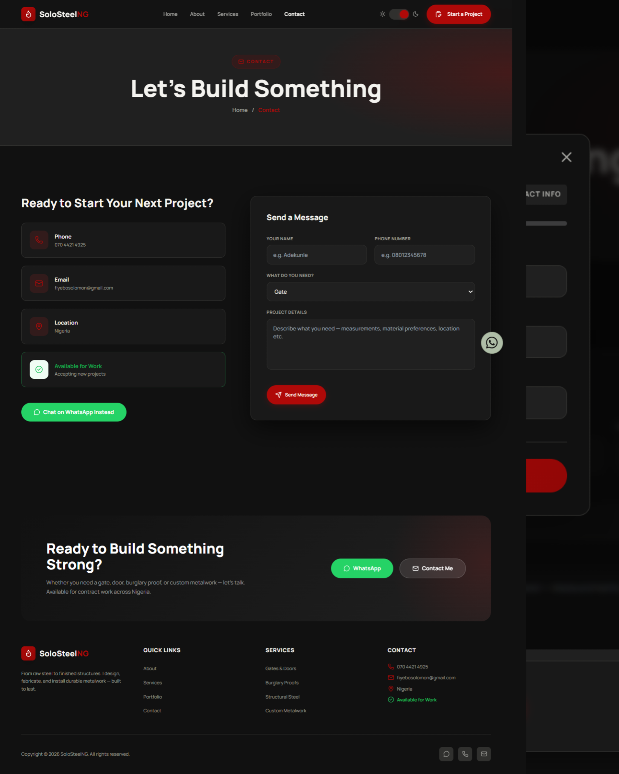 SoloSteelNG website contact page with project enquiry form and WhatsApp contact option